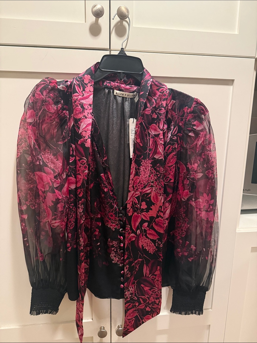 Alice + Olivia Black Sheer Blouse with Fuchsia Floral Print Tie Neck
